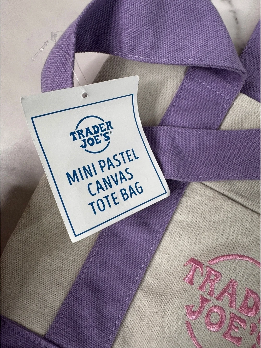Trader Joe's Mini Pastel Canvas Tote Bag Purple Cream Pink Embroidered Logo NWT